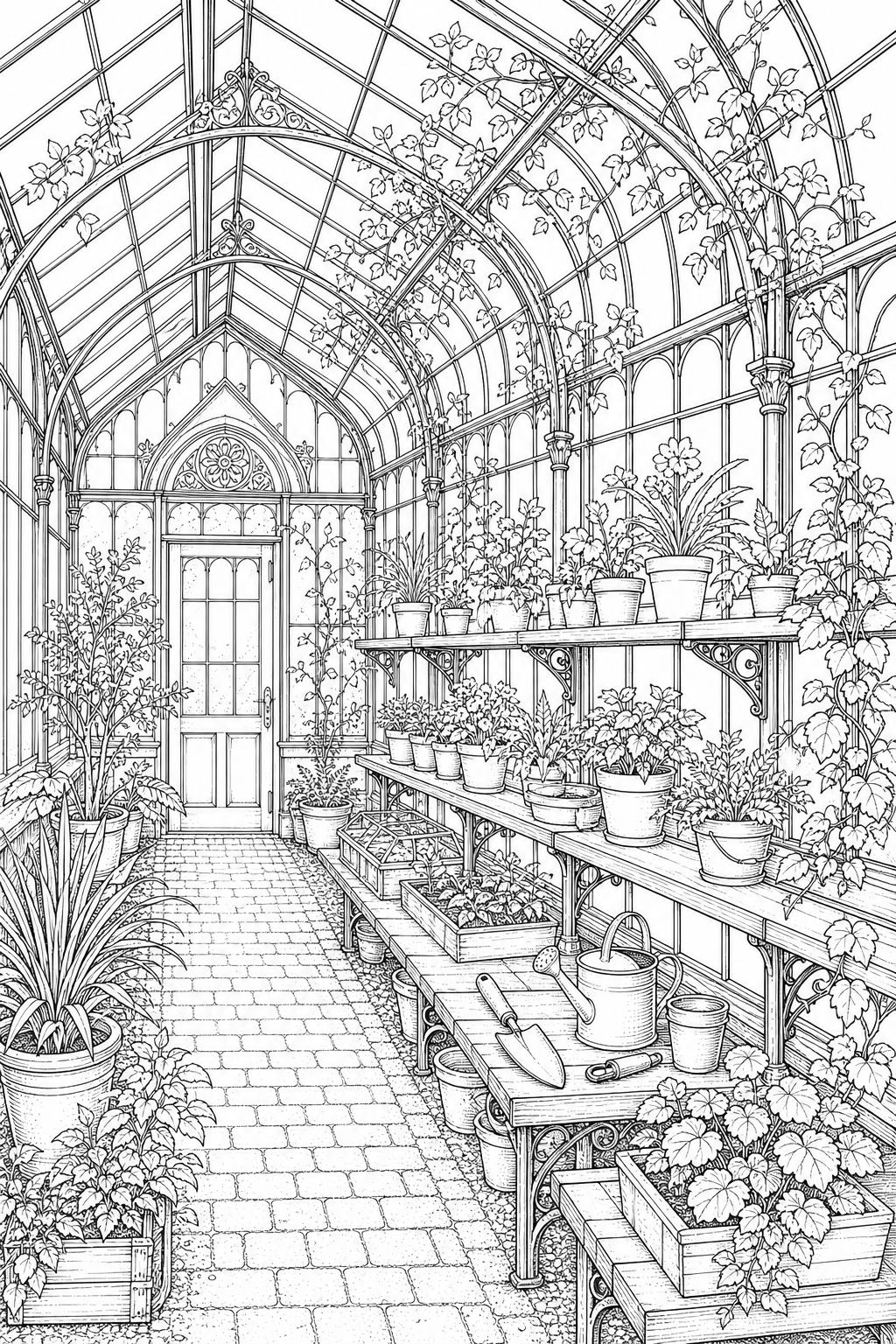 Victorian Glass Greenhouse Study — Technical Line Drawing Coloring Page