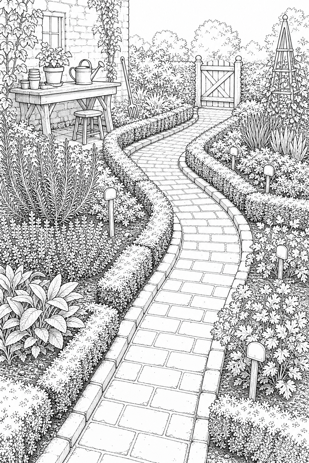 Victorian Kitchen Garden Path Illustration — Edged Beds and Herb Markers