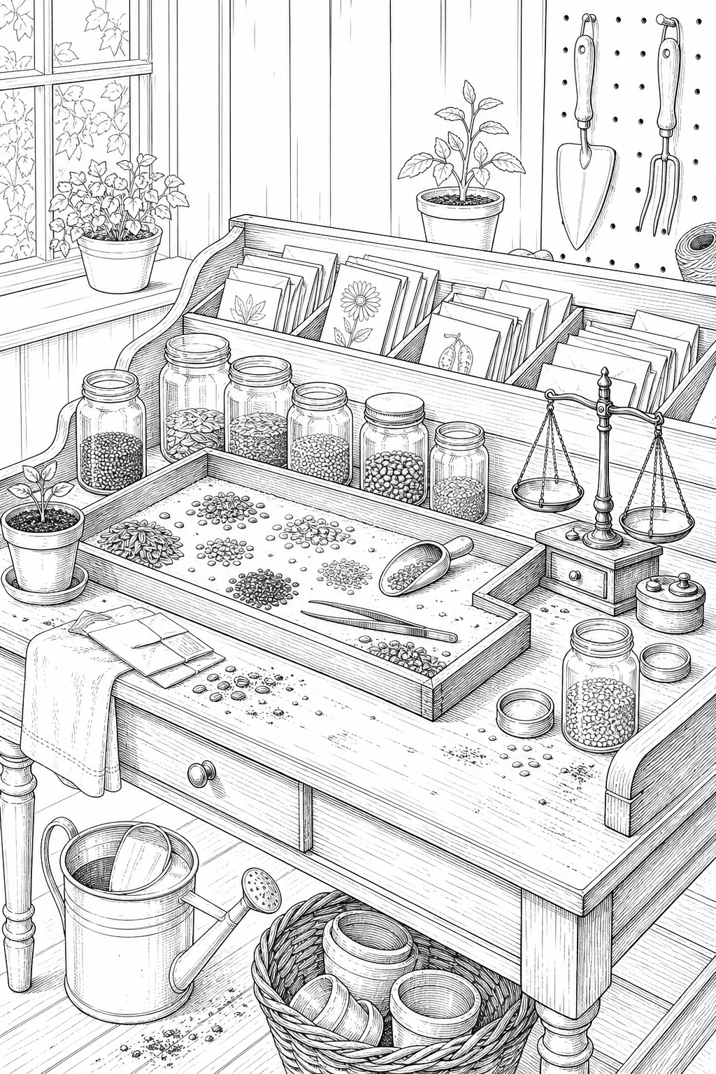 Victorian Seed-Sorting Table Study with Glass Seed Jars