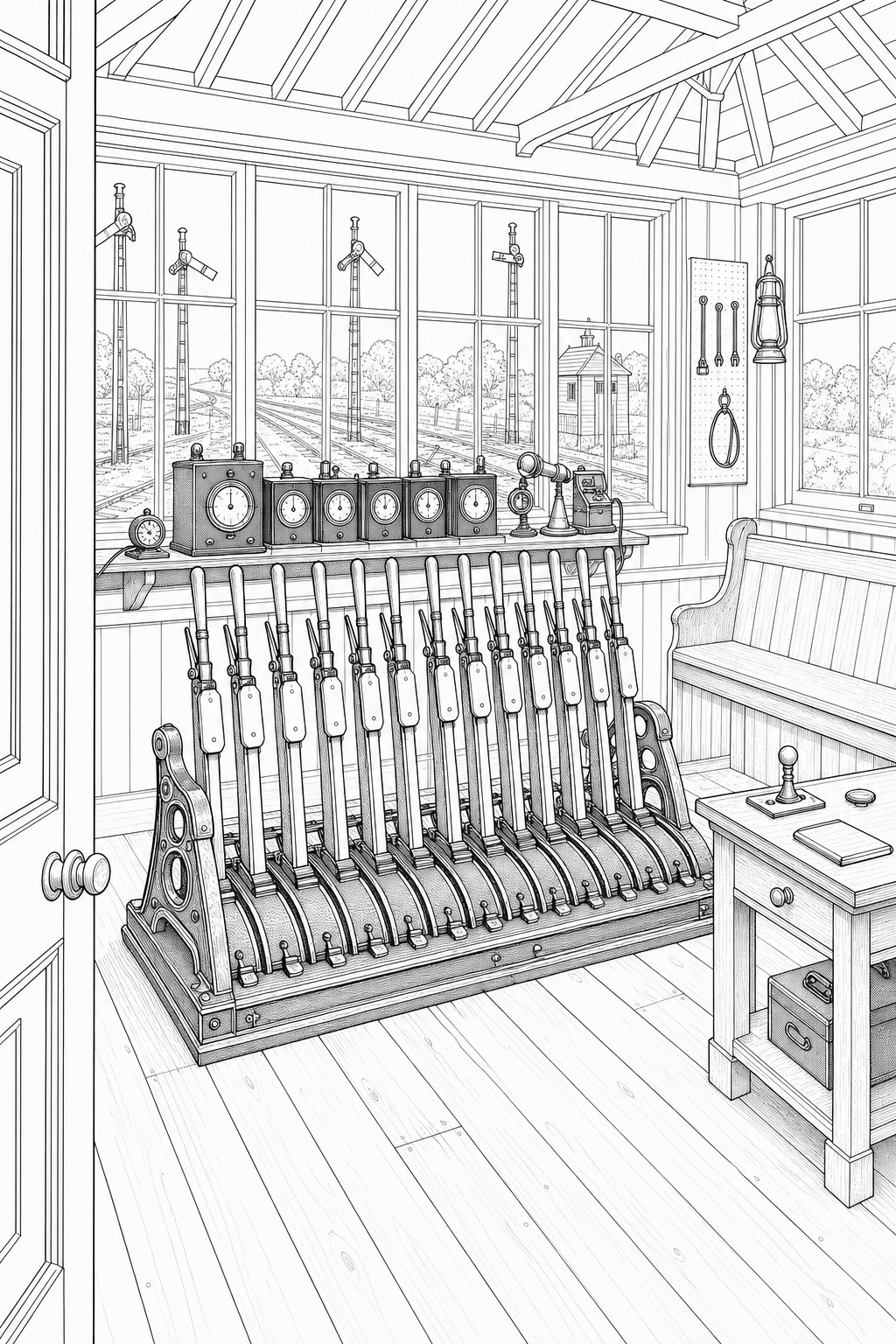 Victorian Railway Signal Box Illustration — Lever Frame and Block Instruments