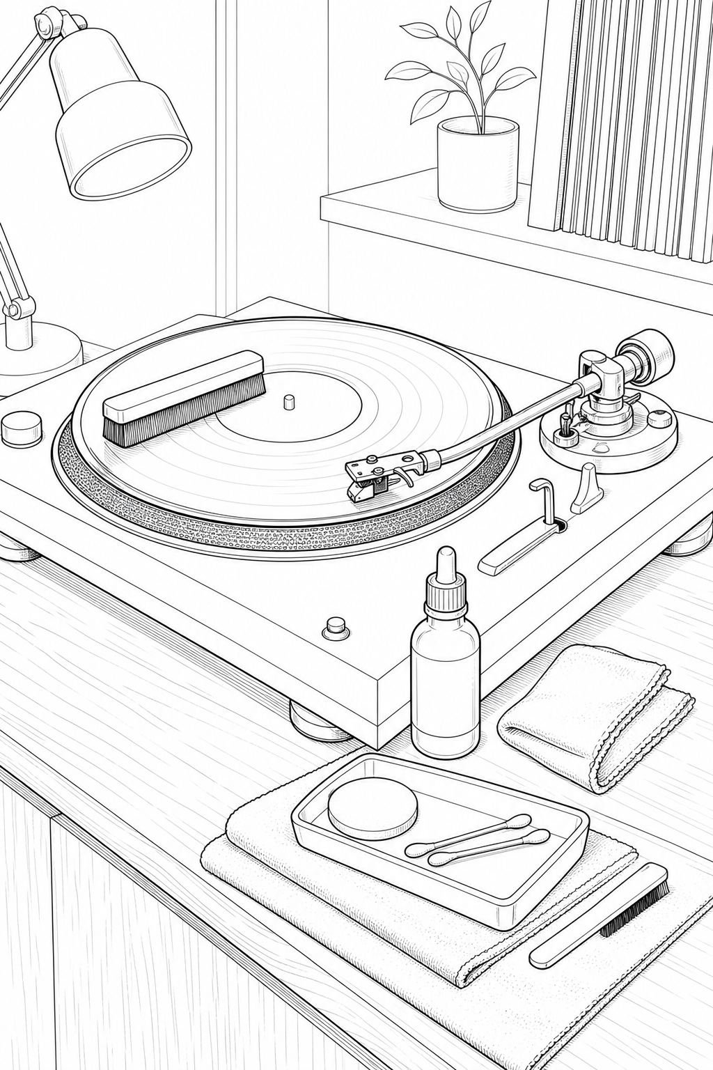Vinyl Cleaning and Cueing Station Technical Line Art Coloring Page