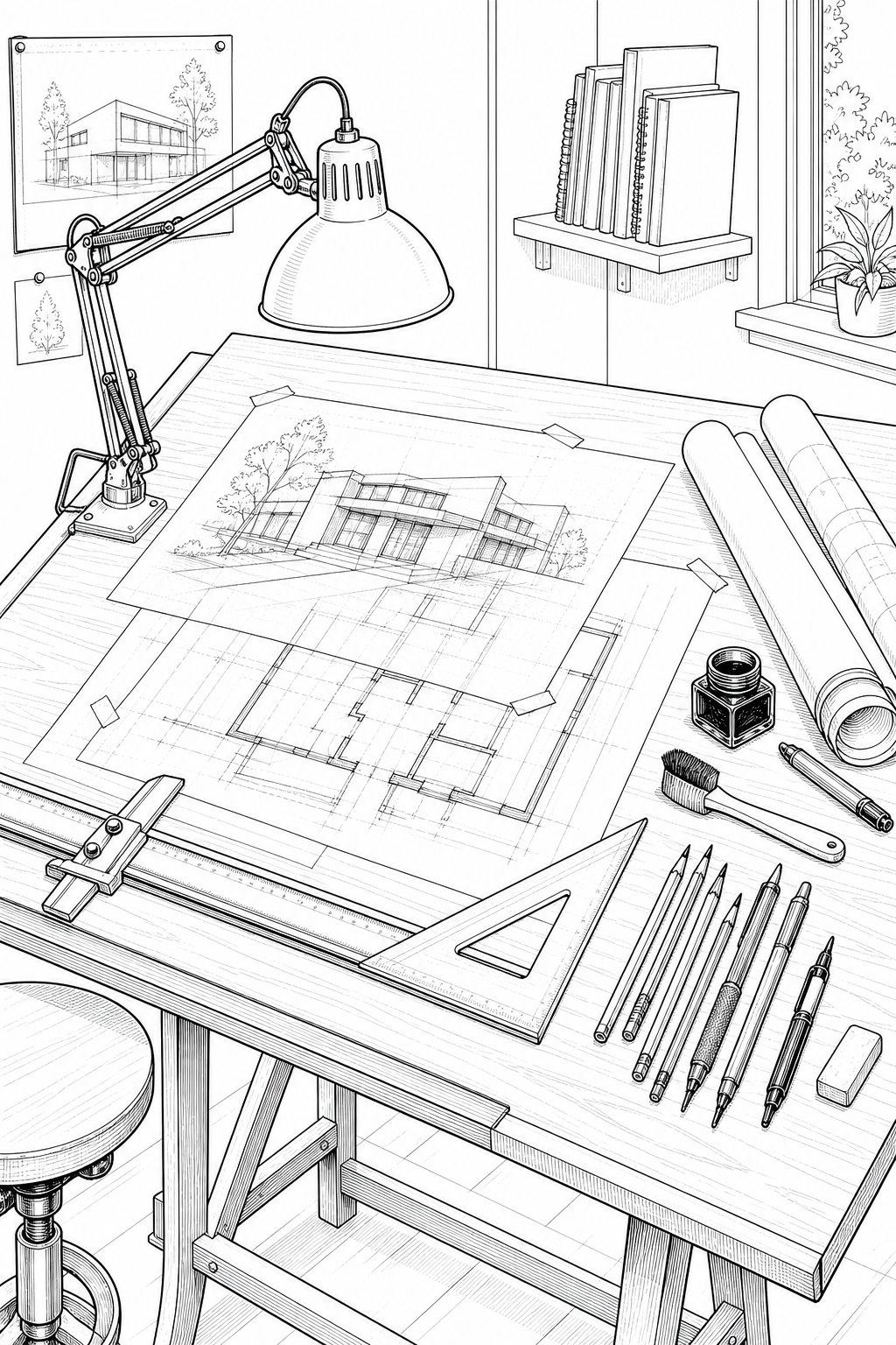 Architect’s Sketch Table with Tracing Paper and Drafting Lamp — Technical Line Study for Coloring