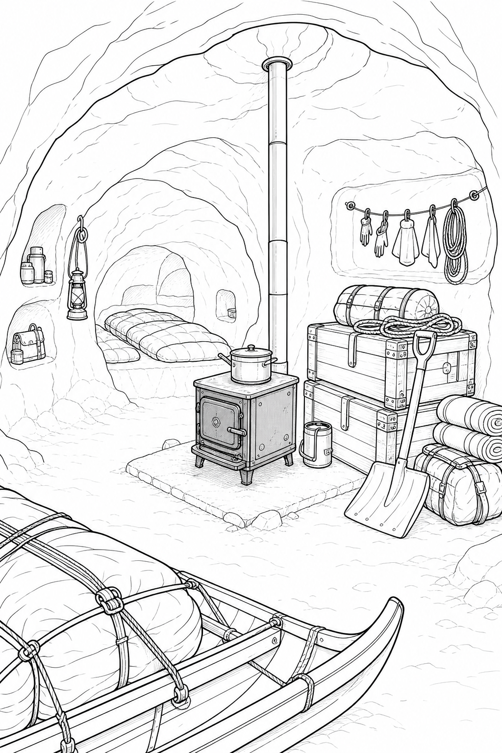 Arctic Snow Cave Base Camp — Technical Line Art Coloring Page