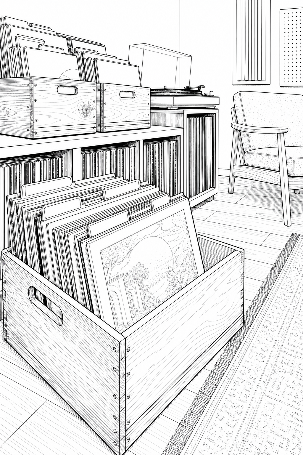 Audiophile Vinyl Archive Illustration — Record Crates & Album Dividers