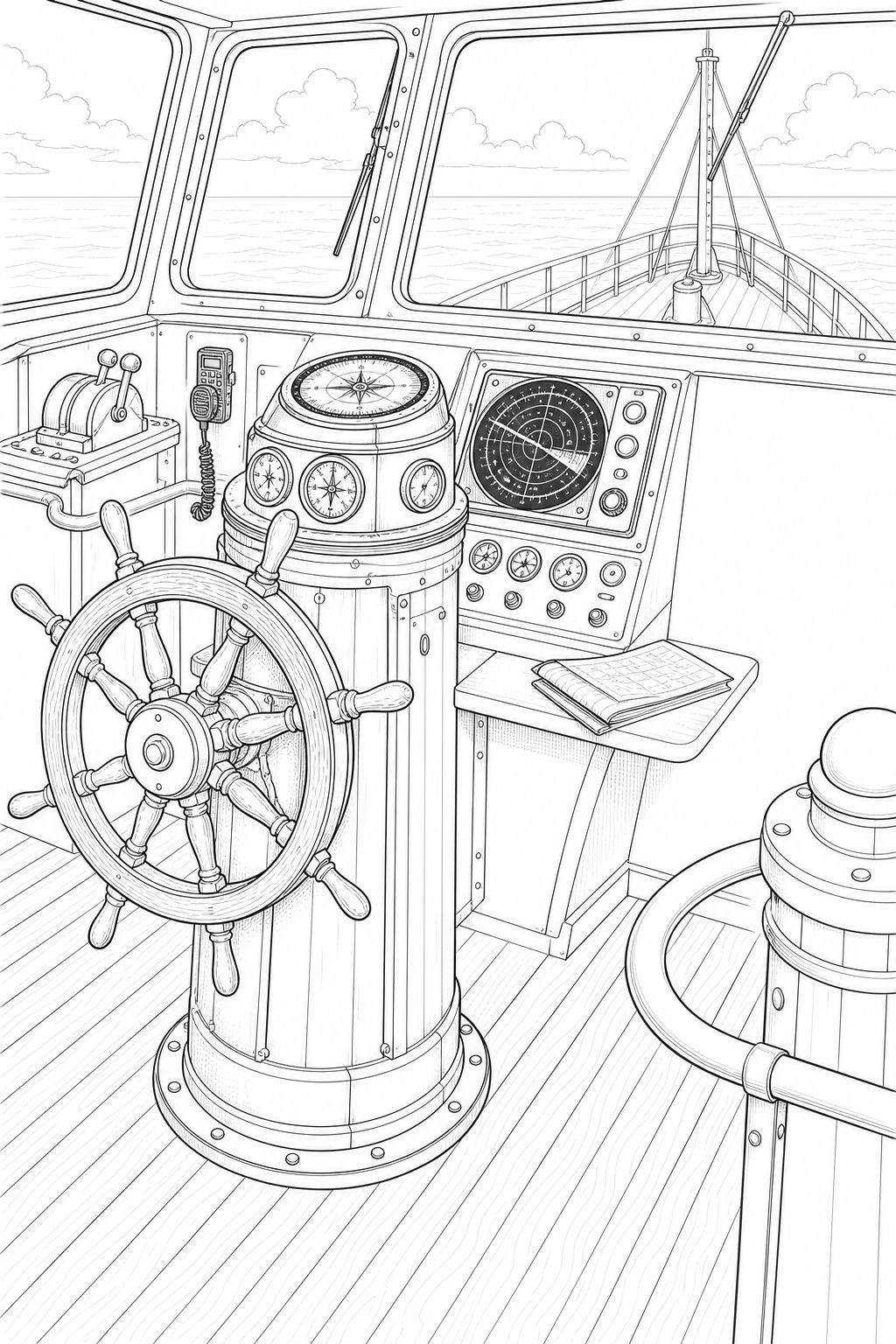 Bridge Helm Station Illustration — Wheel Pedestal with Radar and Compass Repeaters