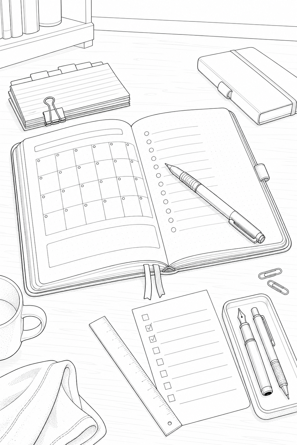 Bullet Journal Planning Desk — Illustrated Study for Coloring