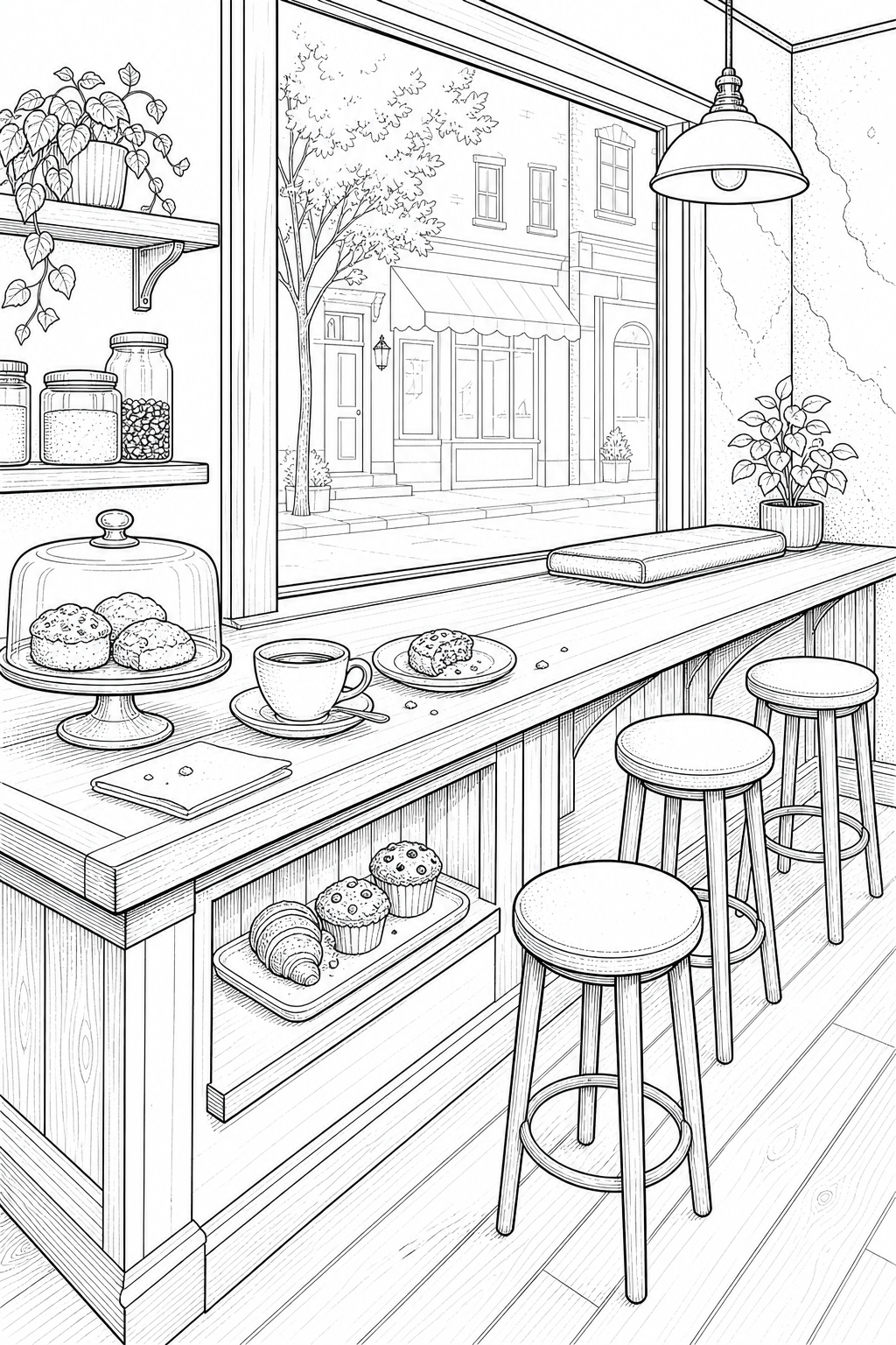 Cafe Window Counter with Sill Seating and Pastry Shelf – Technical Line Drawing
