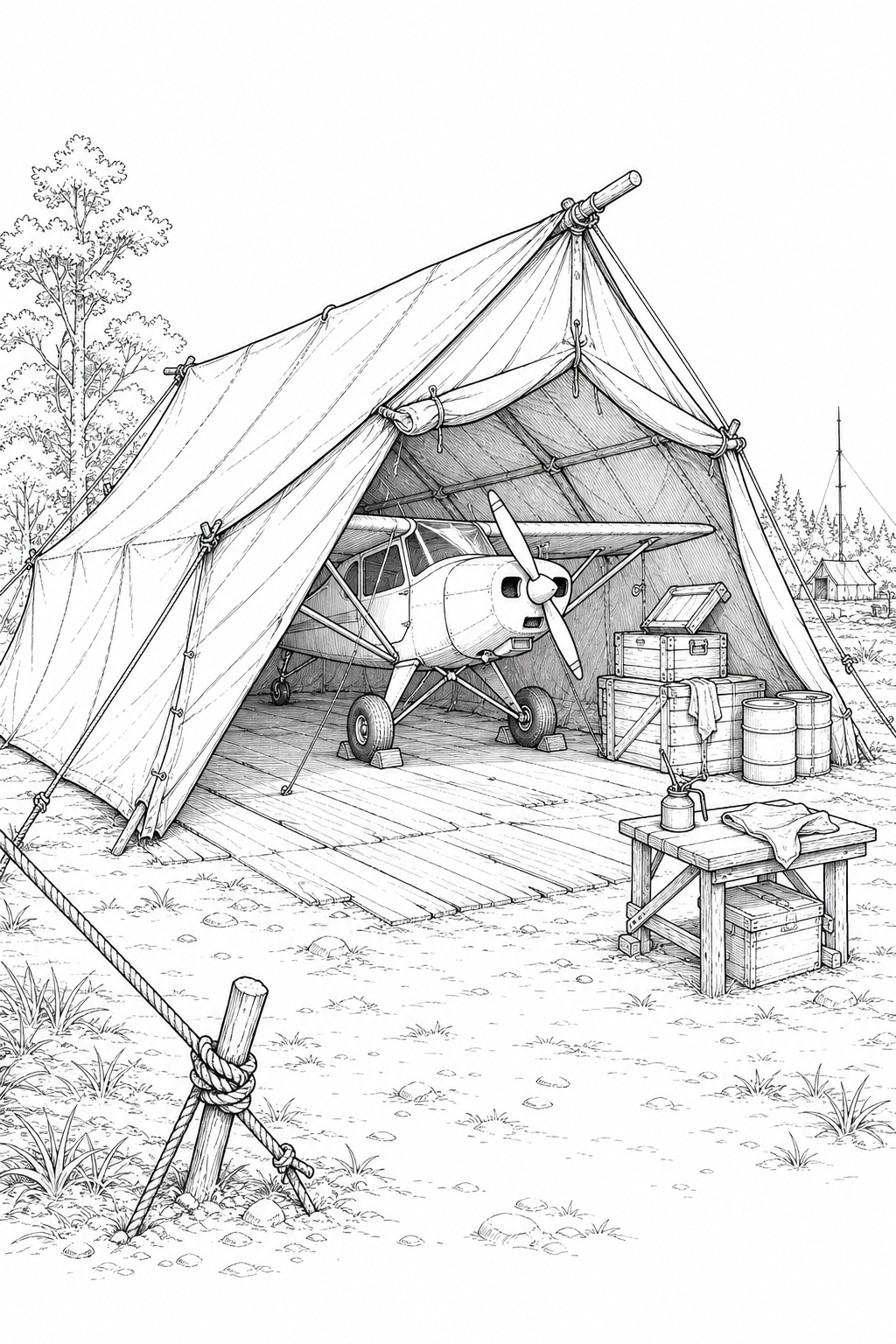 Canvas Bush Plane Shelter Study at a Bush Camp — Technical Line Drawing