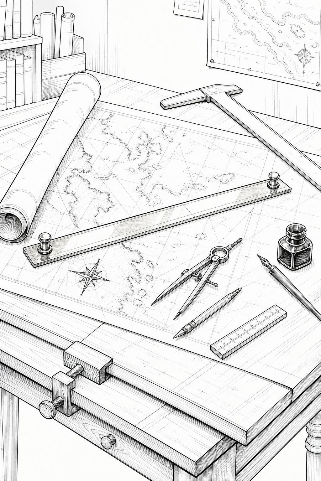 Cartographer’s Drafting Table — Rolled Map and Brass Straightedge Technical Study