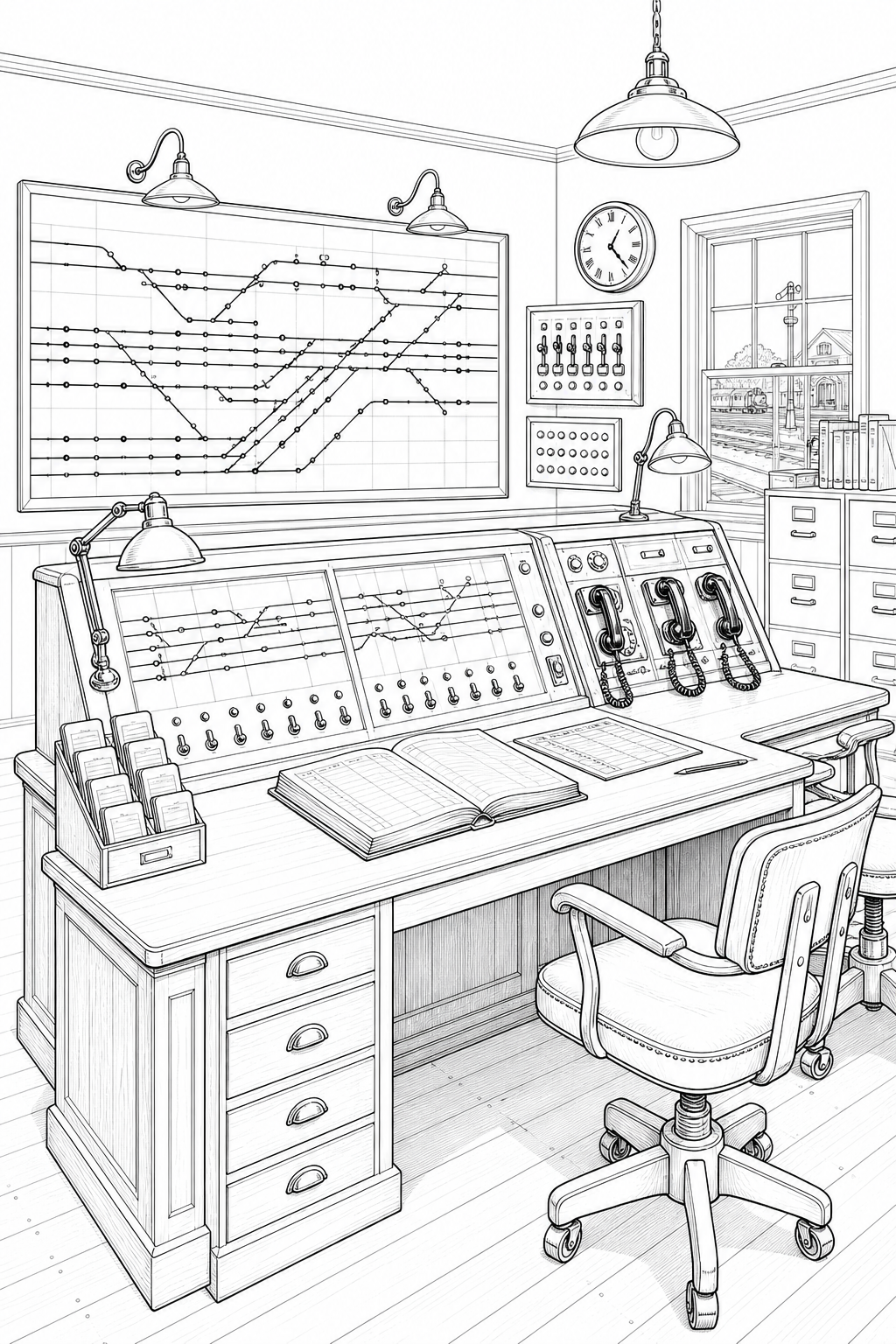 Centralized Train Dispatch Control Room Technical Line Drawing Coloring Page