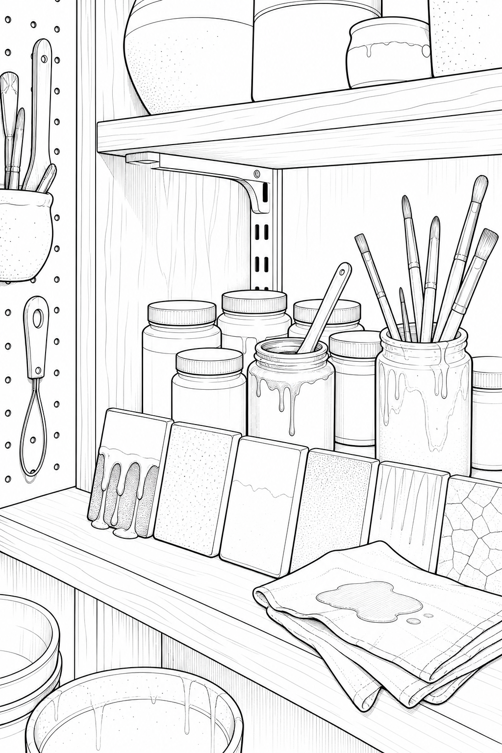 Ceramic Glaze Shelf Nook — Technical Line Drawing Studio Study