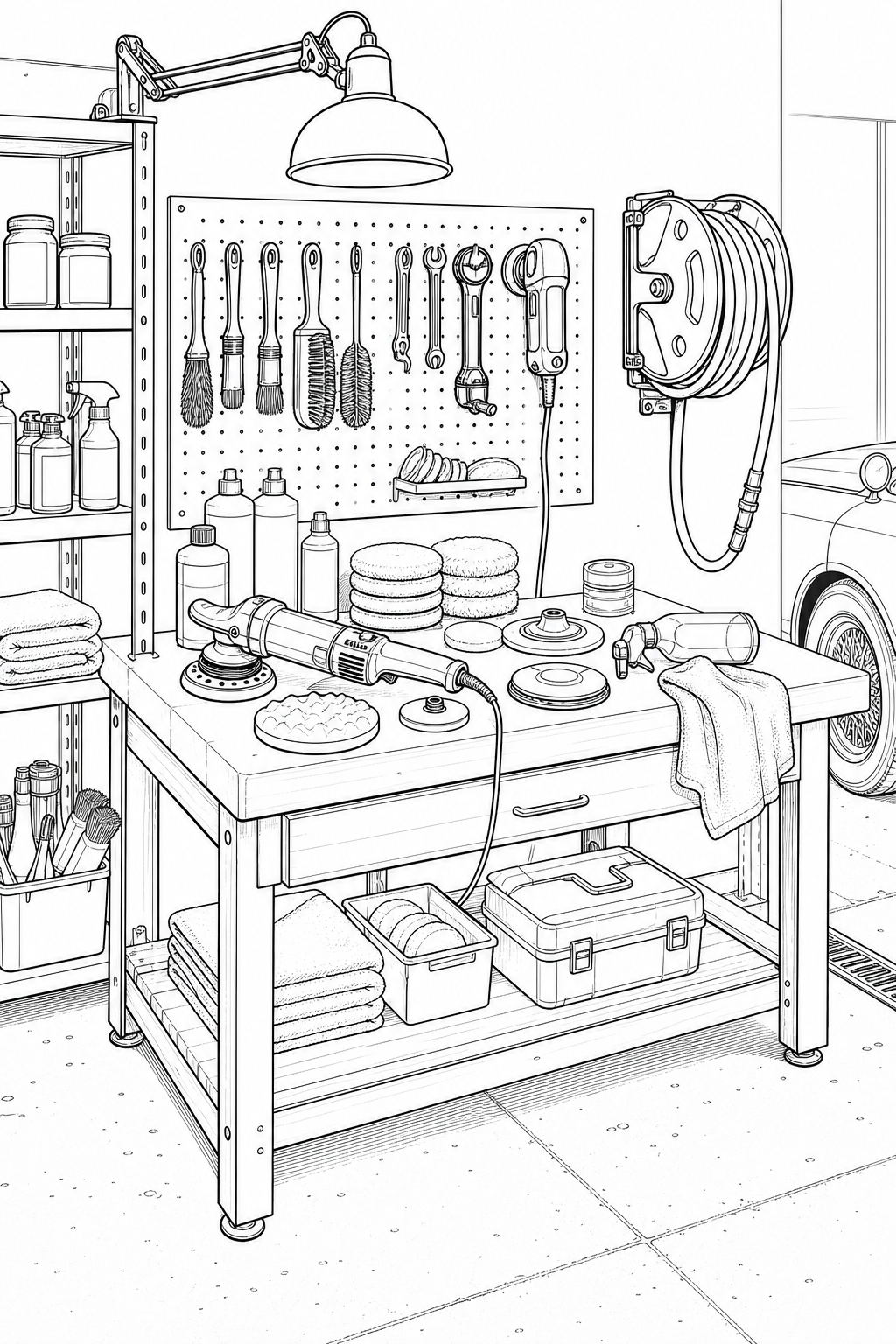 Classic Garage Detailing Corner Illustration — Polishing Kit and Hose Reel