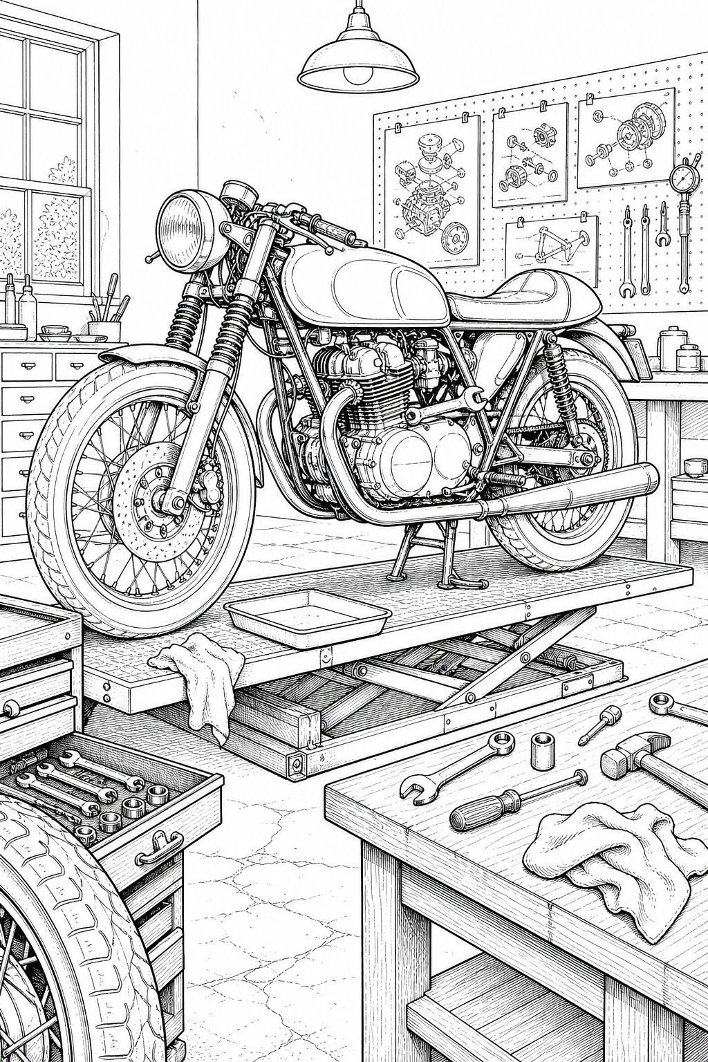 Classic Italian Motorcycle Repair Bay — Technical Line Drawing Coloring Study