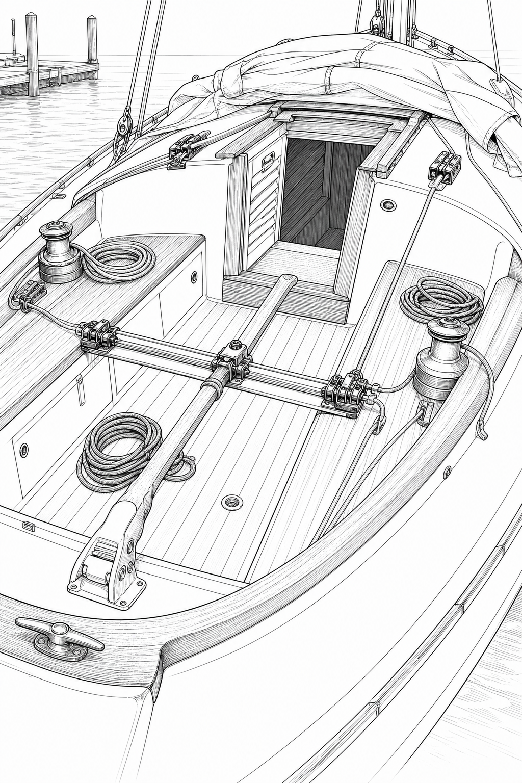 Classic Sloop Cockpit — Technical Line Drawing Study for Coloring