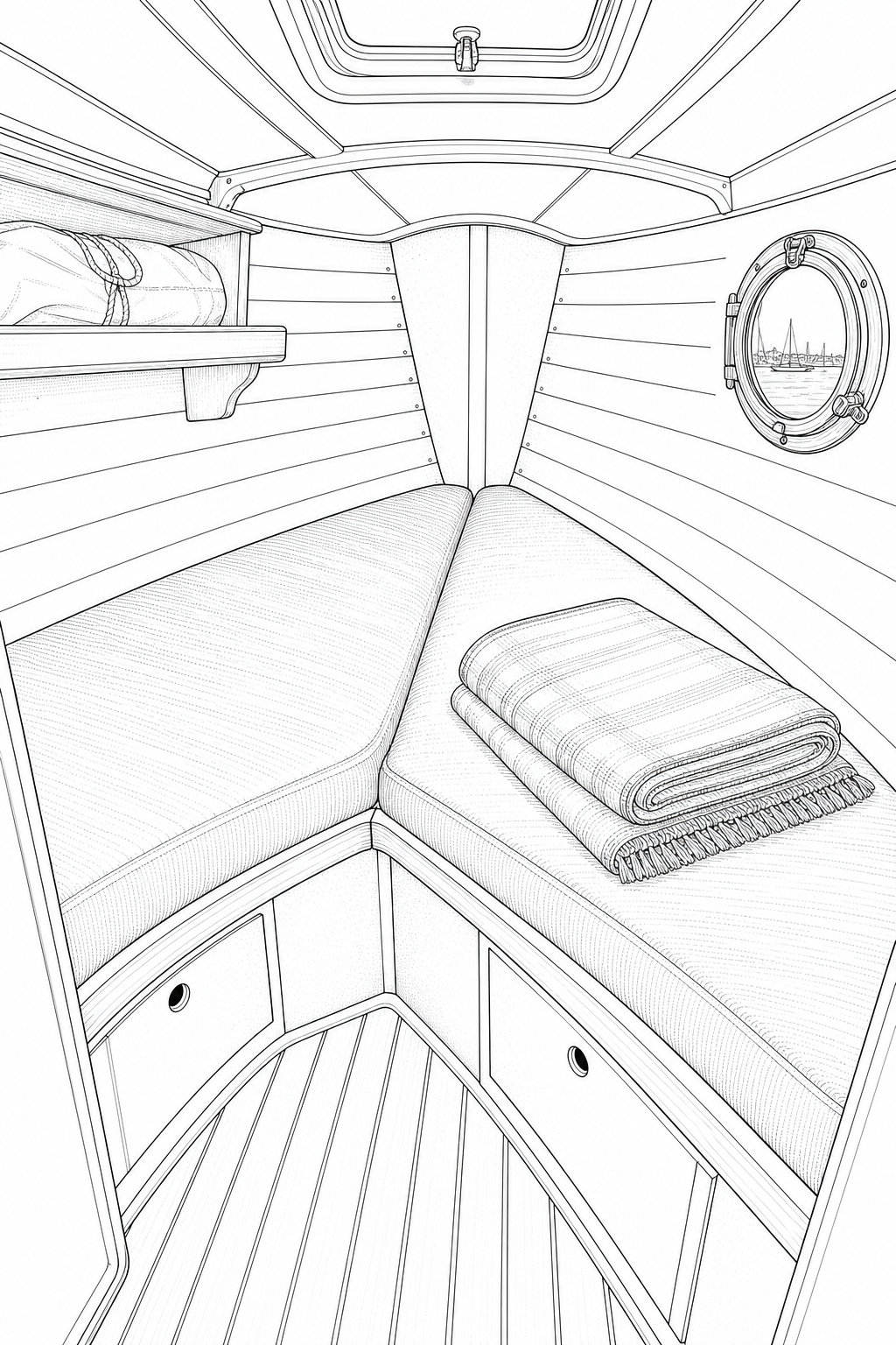 Classic Sloop V-Berth Cabin Illustration — Folded Blanket and Porthole Study