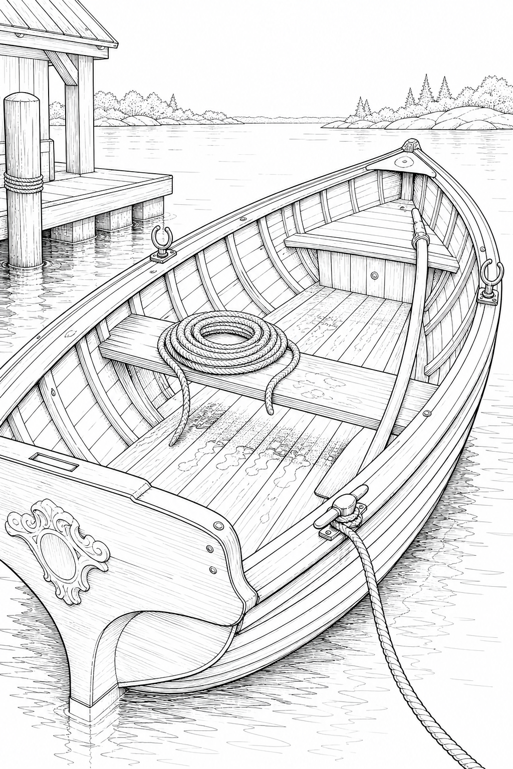 Classic Wooden Guide Boat Cockpit — Detailed Technical Line Art Study for Coloring