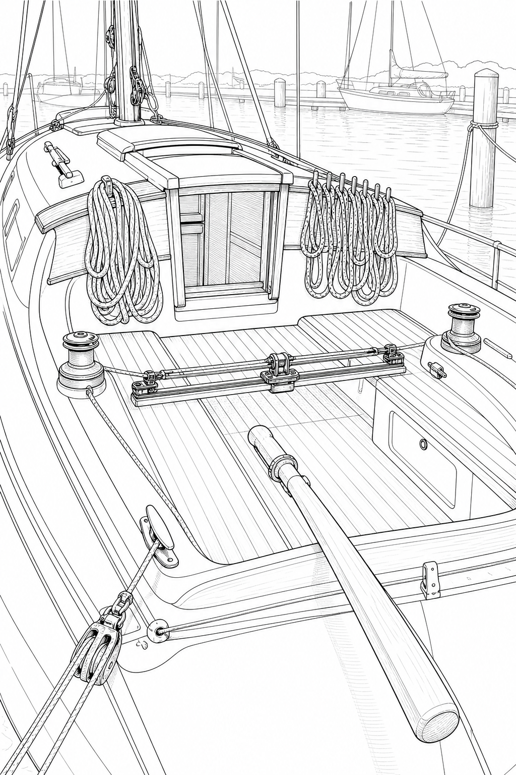 Classic Yawl Cockpit Study — Technical Line Drawing Coloring Page