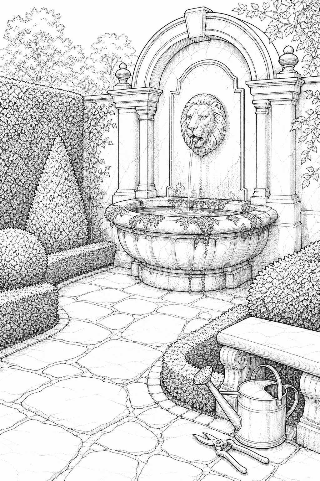Classical Stone Fountain Nook in an Ornamental Garden — Technical Line Study