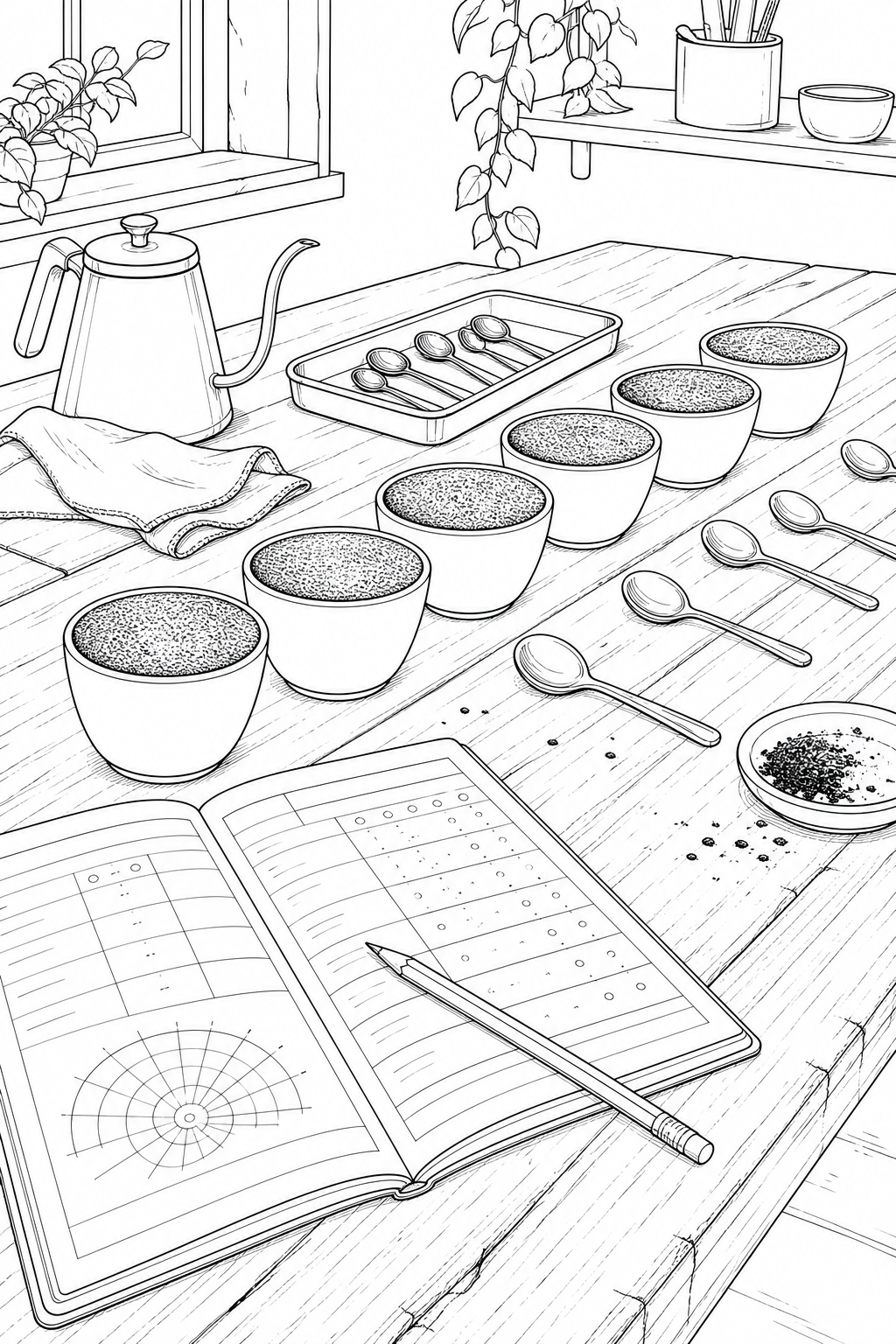 Coffee Cupping Table Study — Technical Line Drawing Coloring Page
