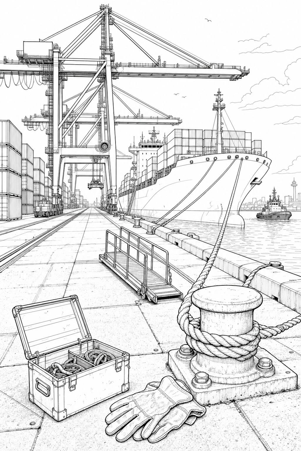 Container Cargo Pier Technical Line Drawing — Maritime Harbor Study Coloring Page