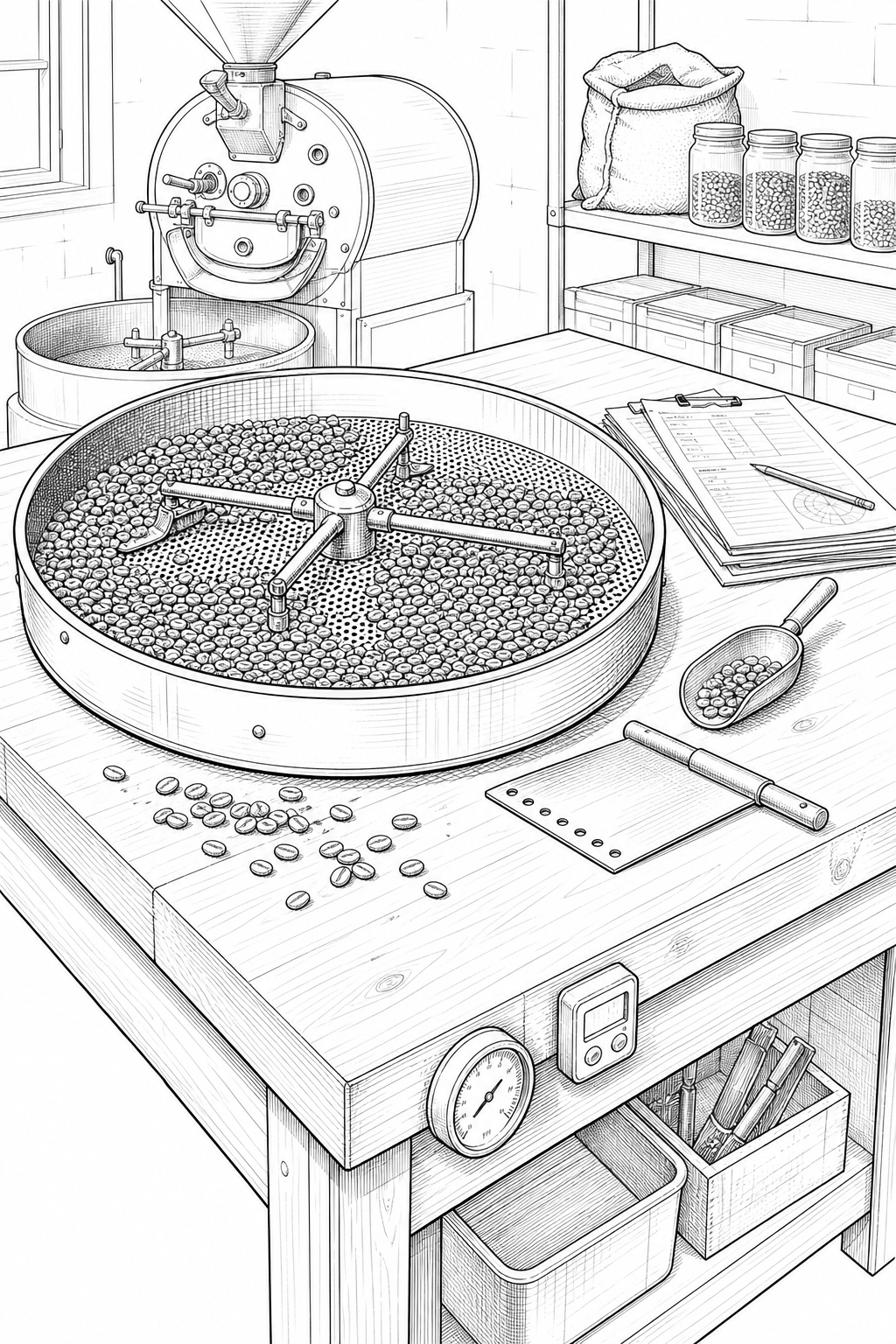 Cooling Tray Roasting Bench — Coffee Roastery Study Coloring Page