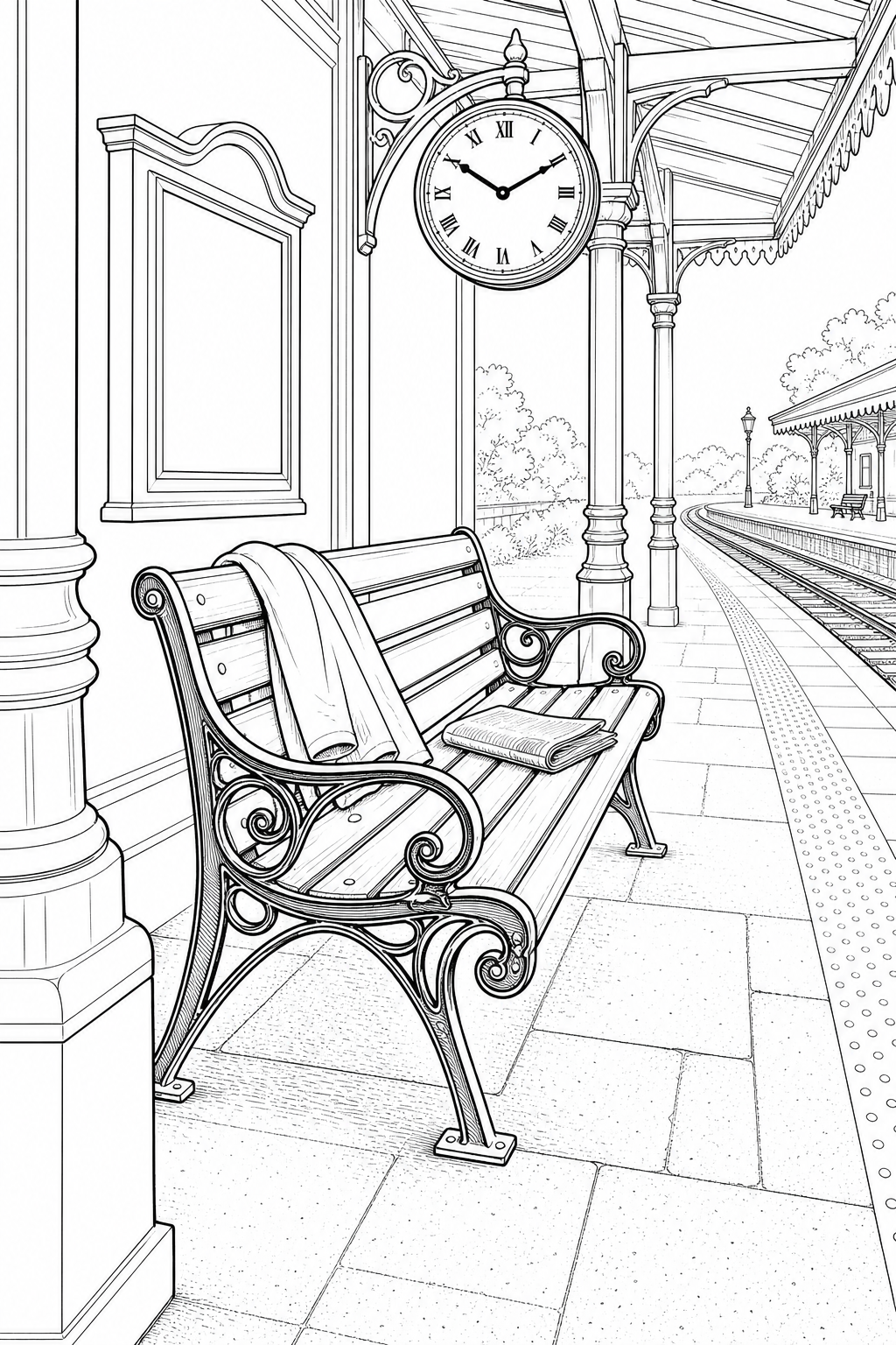 Covered Station Platform Bench — Refined Railway Platform Study Illustration