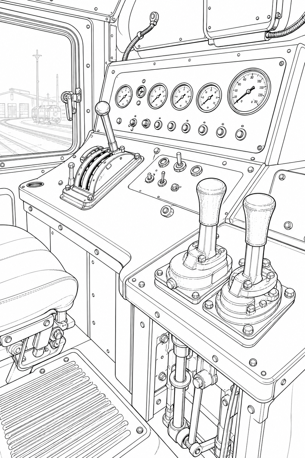 Diesel Locomotive Cab Interior — Detailed Control Desk Line Study