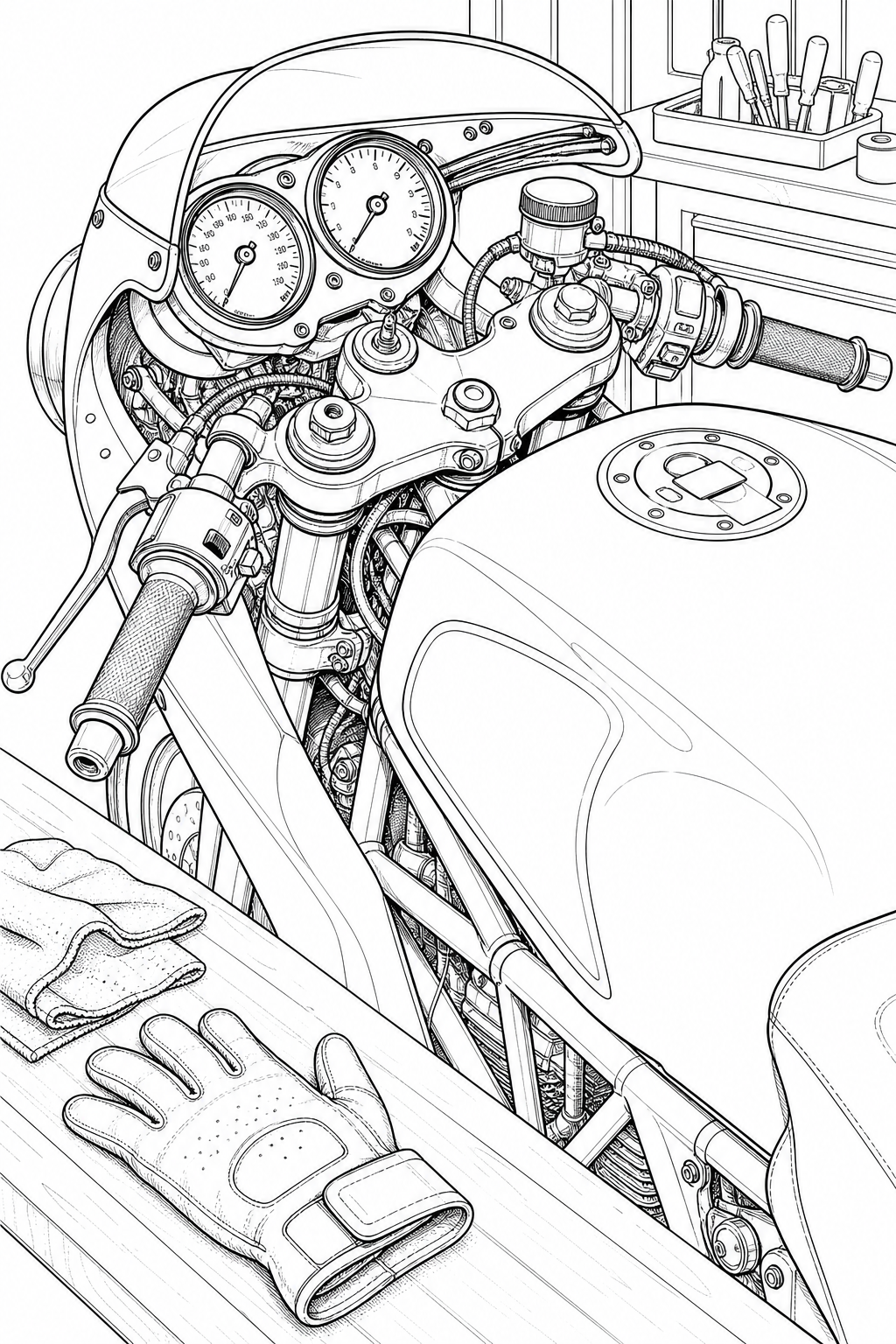 Ducati 900SS Rider Cockpit Technical Line Drawing — Printable Coloring Illustration