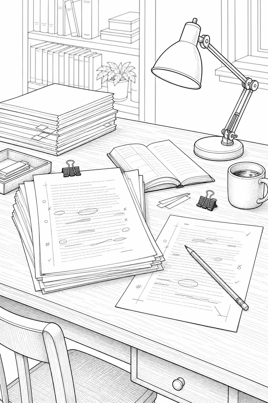 Editorial Proofreading Table Study — Proof Sheets, Red Pencil, Page Markers