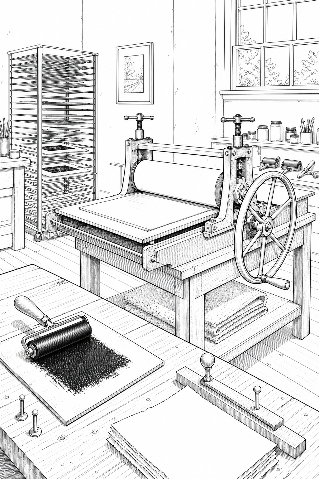 Etching Press Studio Study — Ink Brayer and Drying Rack Illustration
