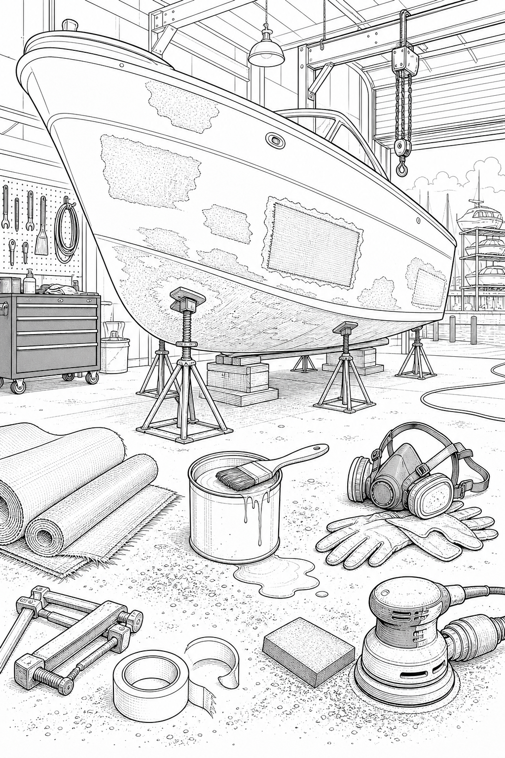 Fiberglass Hull Repair Bay — Boatyard Workshop Technical Line Drawing