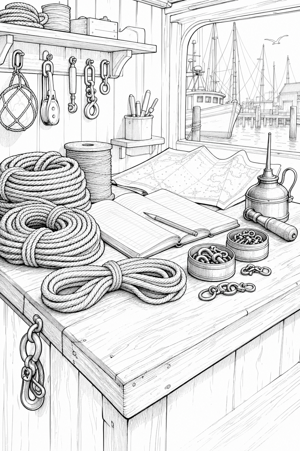Fishing Chandlery Counter Study — Rope Coils & Chart Ledger Illustration