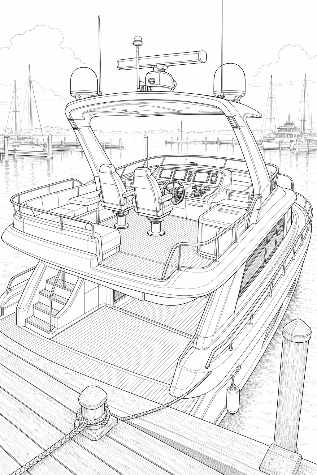 Flybridge Motor Yacht Technical Line Study Coloring Page