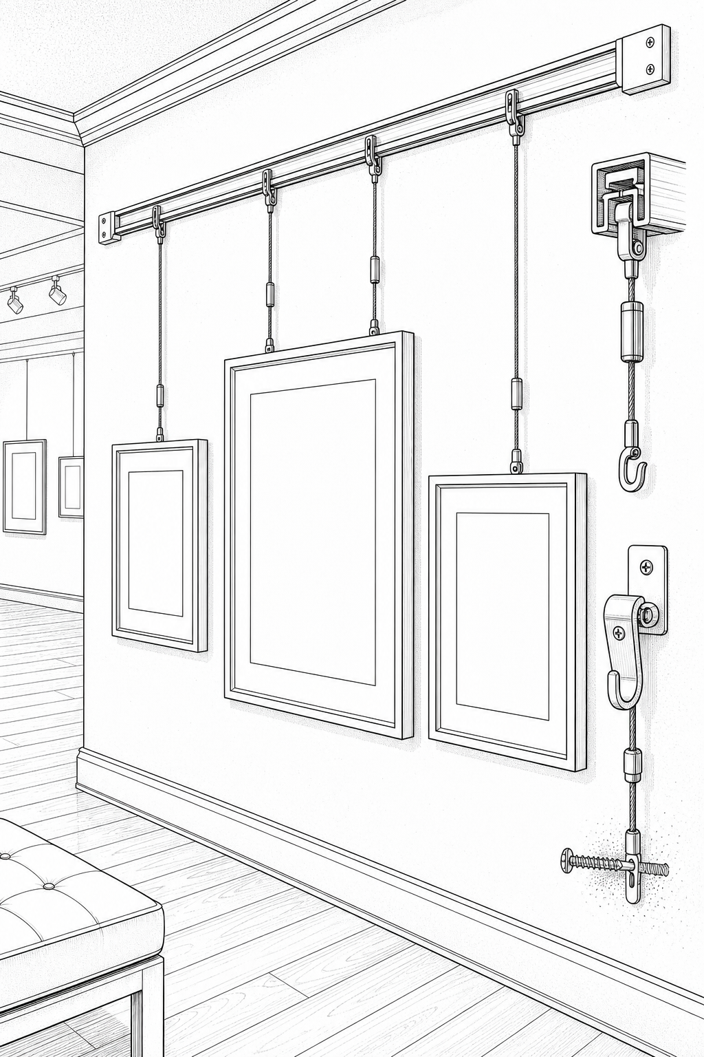 Gallery Hanging Rail System Study — Framed Prints and Picture Hooks Coloring Page
