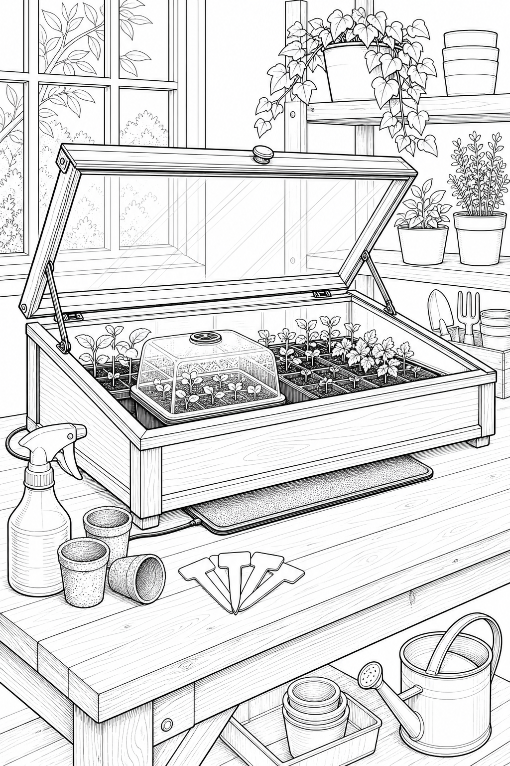 Glass-Lid Propagation Table Illustration — Seedling Trays and Humidity Dome Study