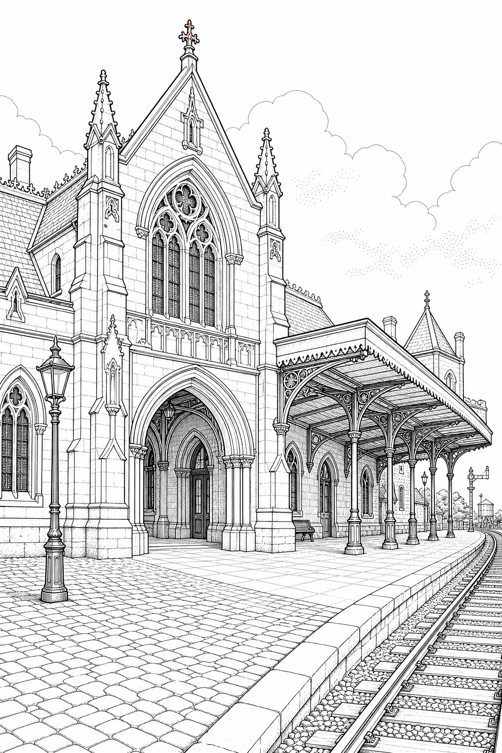 Gothic Revival Railway Station Facade — Technical Line Study for Coloring
