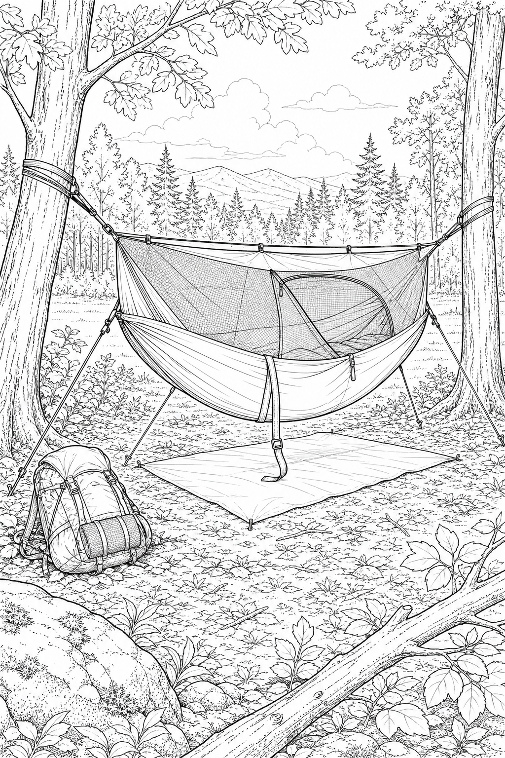 Hammock Bug Net Shelter Study — Outdoor Hammock Camp Scene