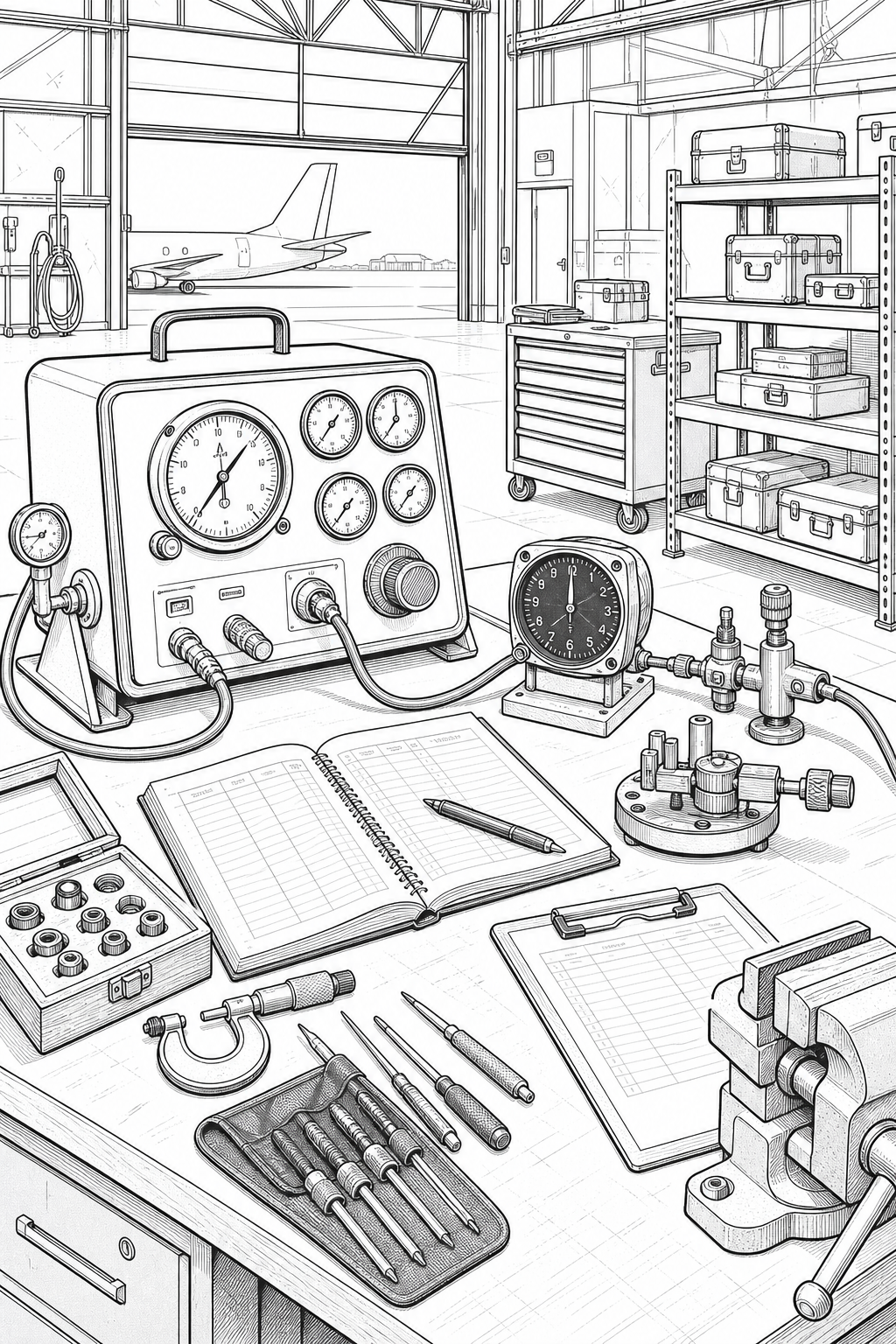 Instrument Calibration Bench in an Aviation Hangar — Technical Line Drawing Study