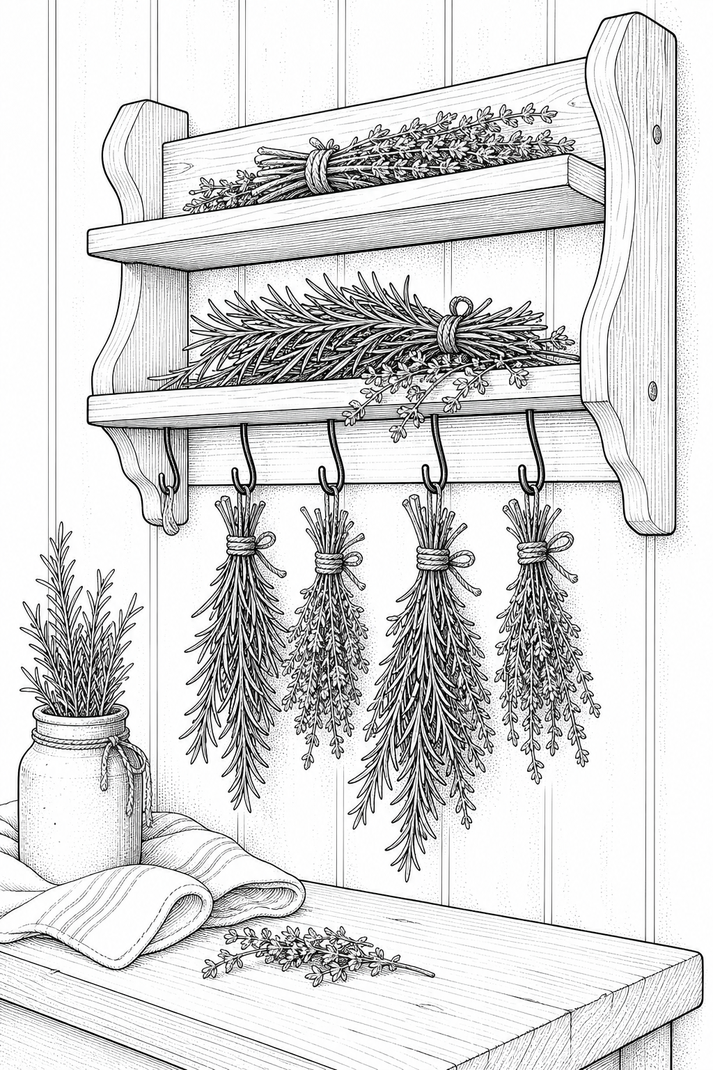 Herb Drying Rack with Bundled Rosemary and Thyme – Technical Line Drawing