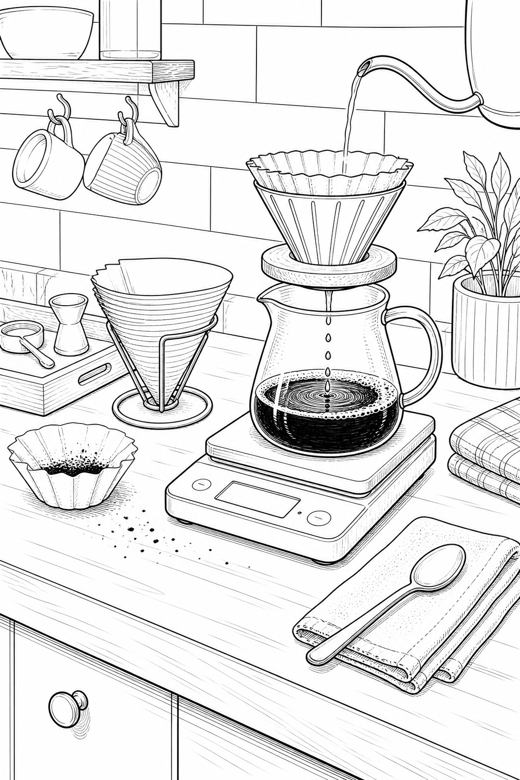 Home Batch Brew Counter — Technical Line Study Coloring Page
