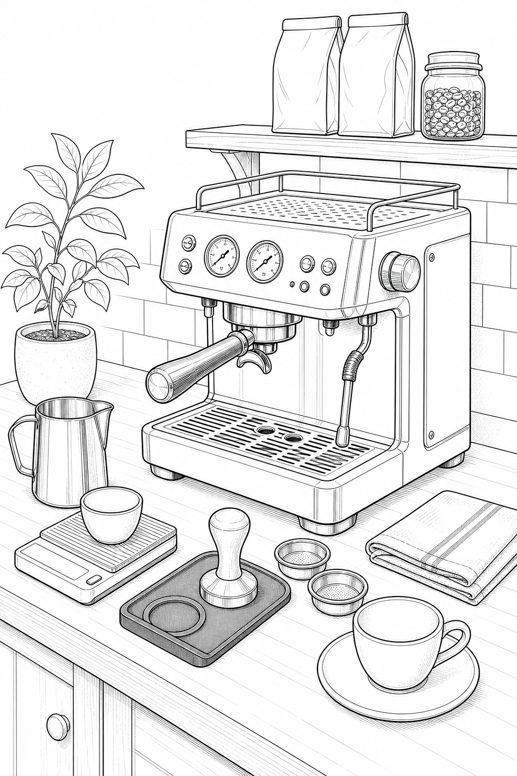 Home Cappuccino Corner — Espresso Station Line Art Illustration