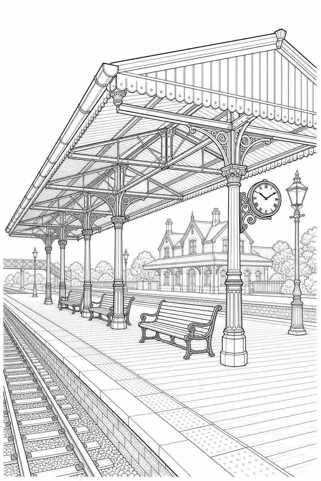Island Platform Station Canopy — Technical Line Drawing Study for Coloring