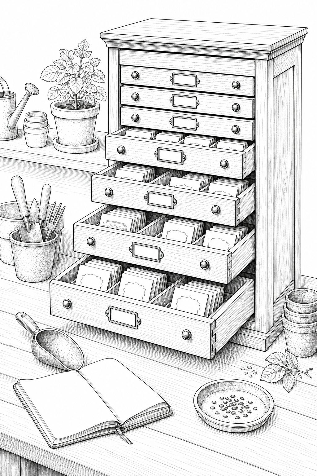 Klassik Seed Cabinet Study with Sliding Drawers and Labeled Envelopes