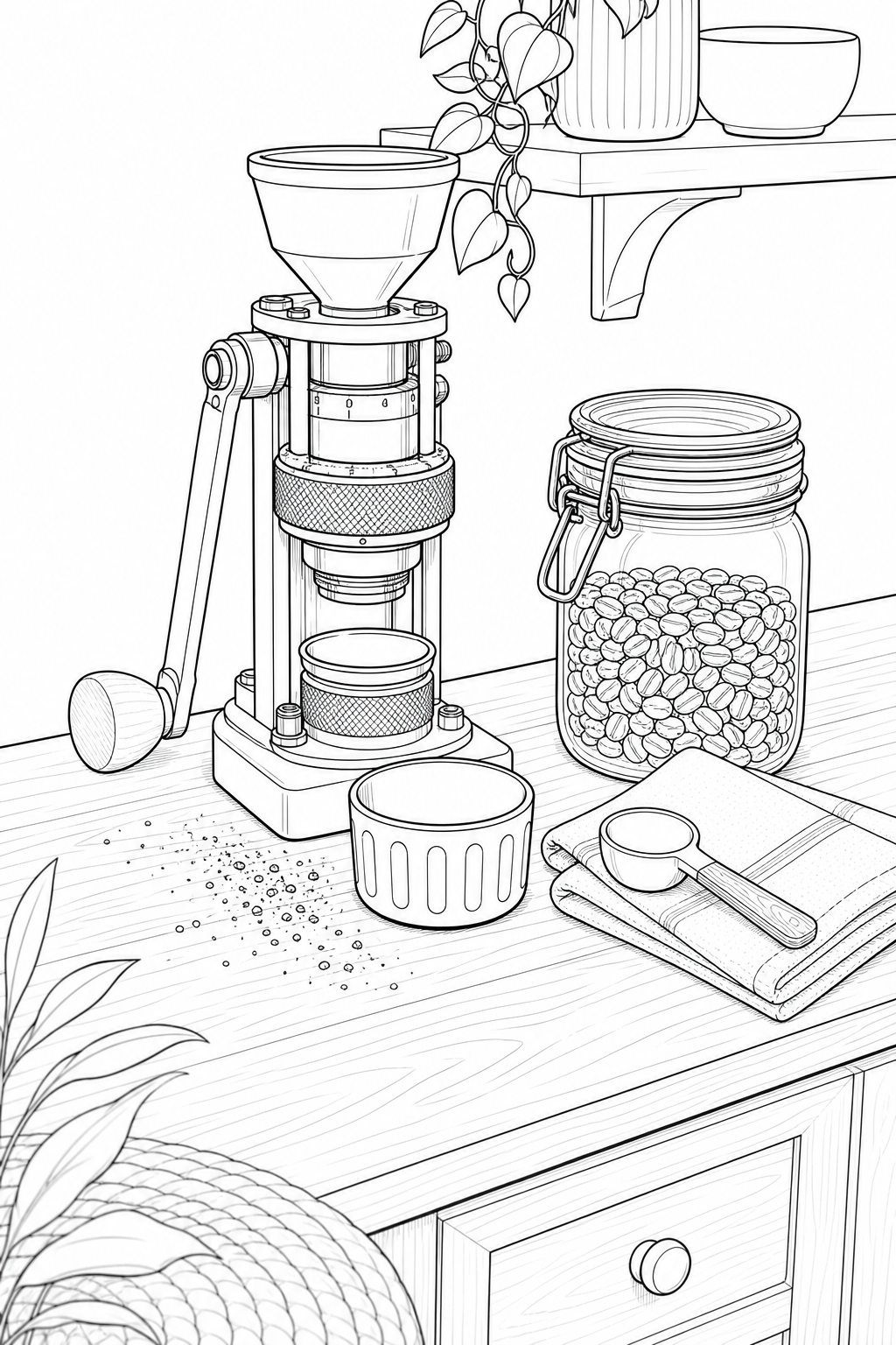 Lido Hand Grinder Station on Sideboard — Technical Line Study for Coloring