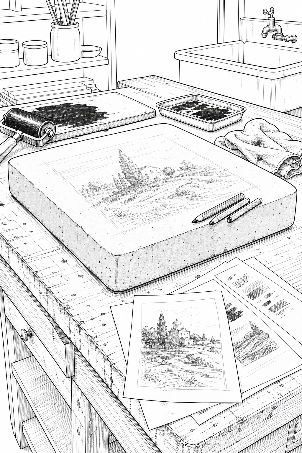 Lithography Stone Table Study with Grease Pencils and Proof Sheets