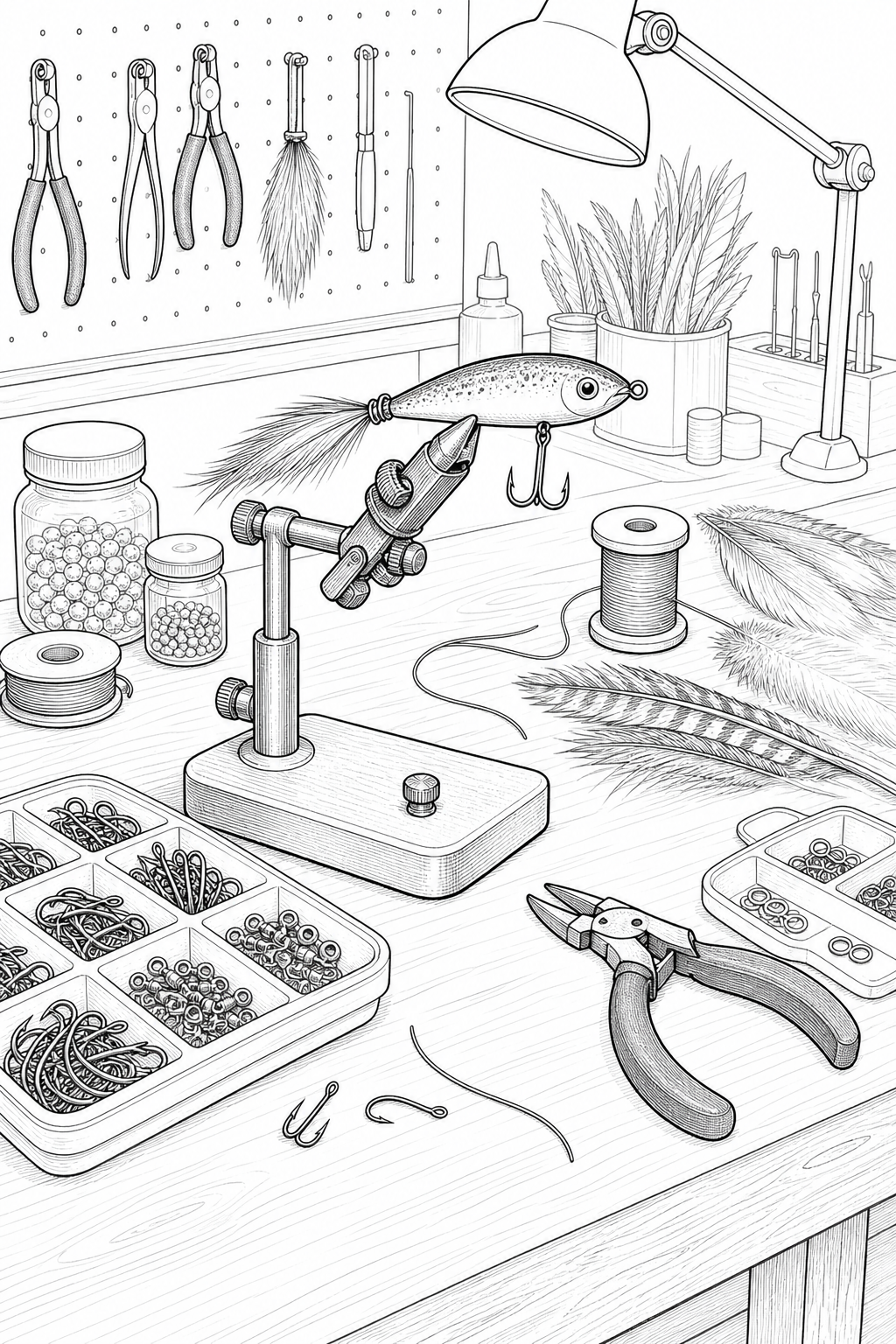 Lure Assembly Worktable — Technical Line Study of Fishing Tackle Bench