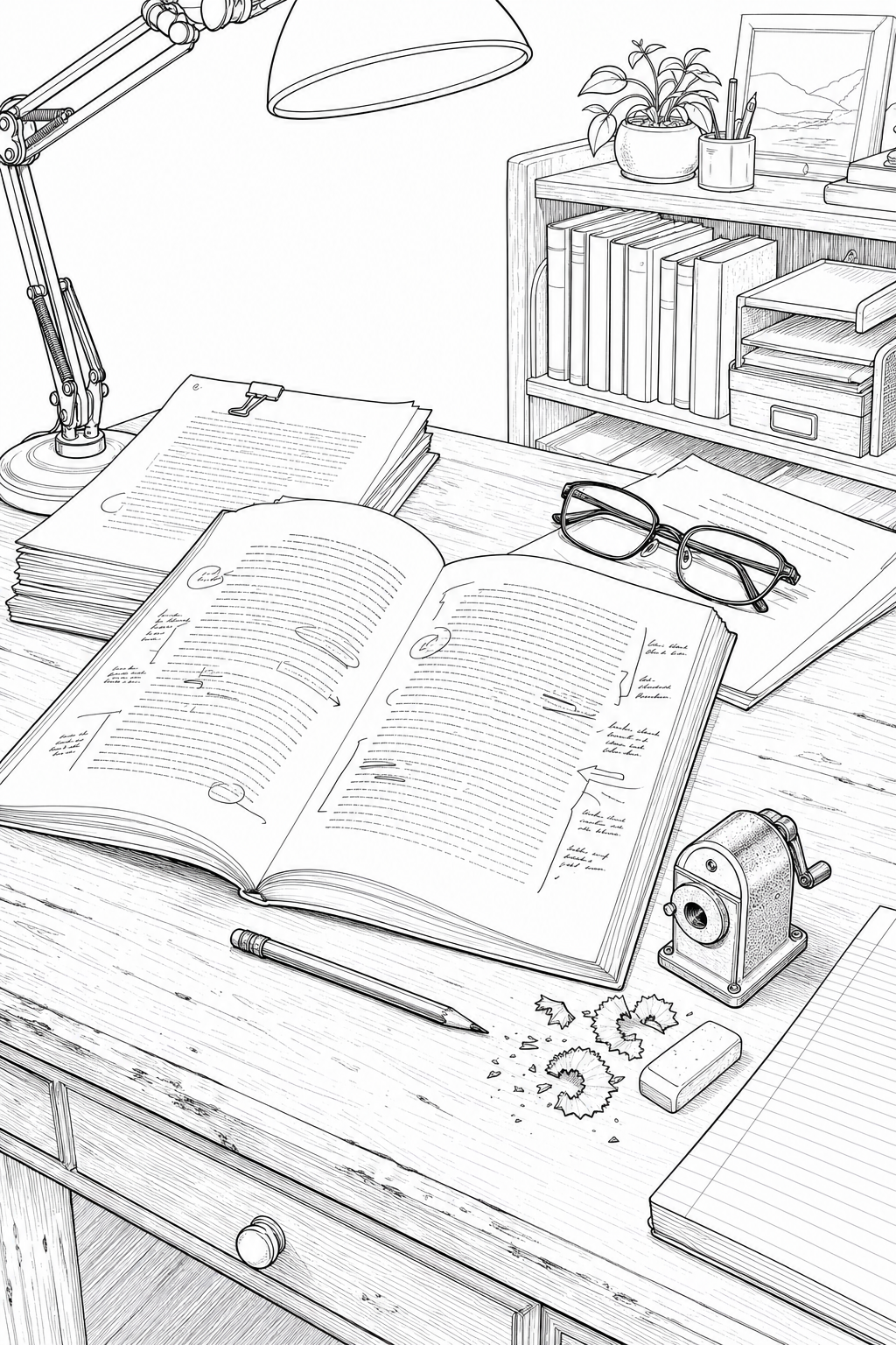 Manuscript Revision Desk Study — Writing Desk Coloring Page