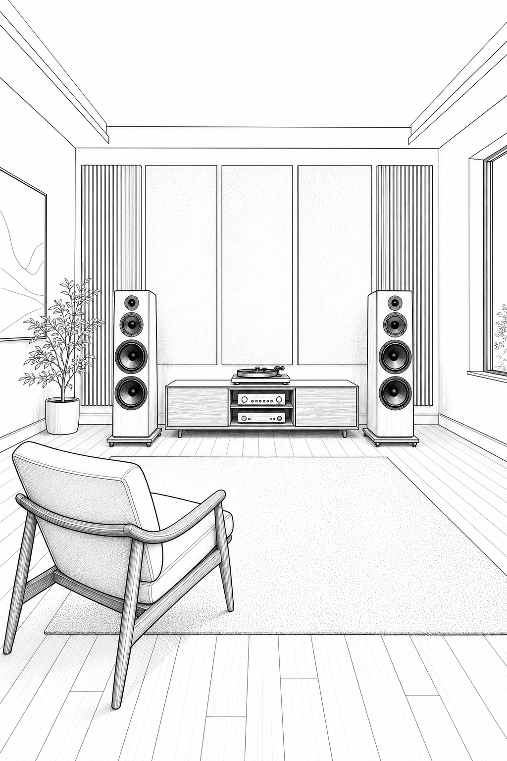 Minimalist Acoustic Listening Room — Technical Line Study for Coloring