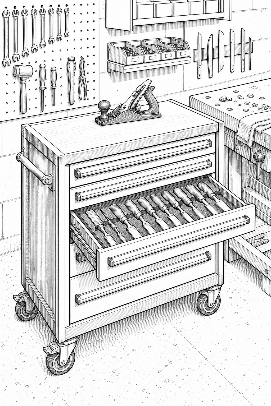 Mobile Drawer Tool Cabinet — Workshop Study Coloring Page