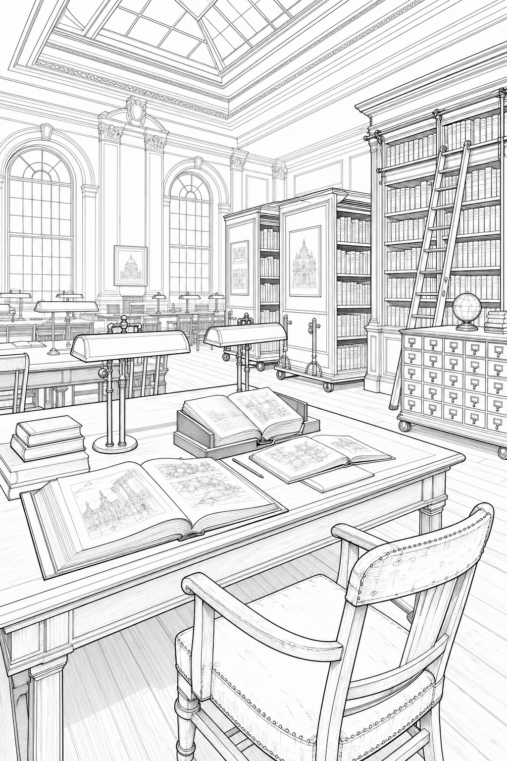 Museum Reading Room — Reference Desks and Archival Stacks Illustration